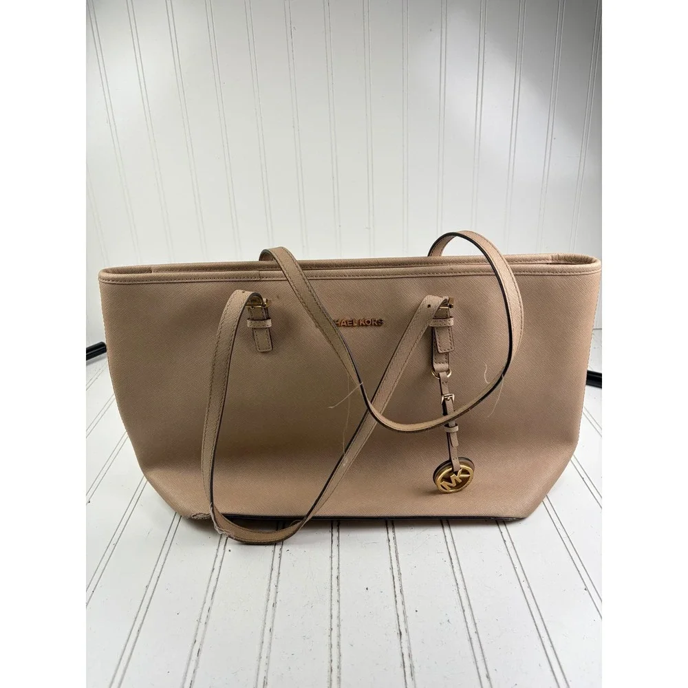 Michael Kors Vintage Jet Set Beige Saffiano Leather Tote Shoulder Bag SEE FLAW
